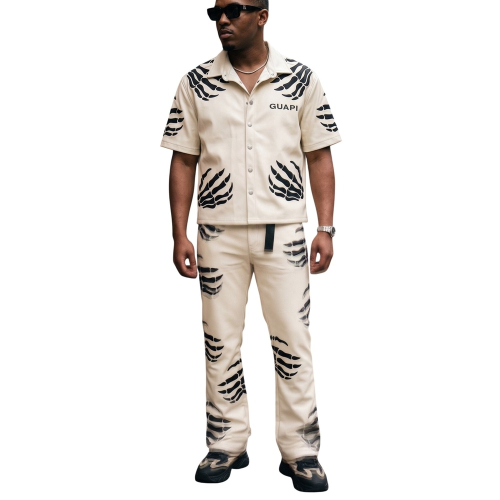 GUAPI Faux Leather Skeleton Bones Men 2 Pc. Set Cream Black Shirt L Pant 32 Read